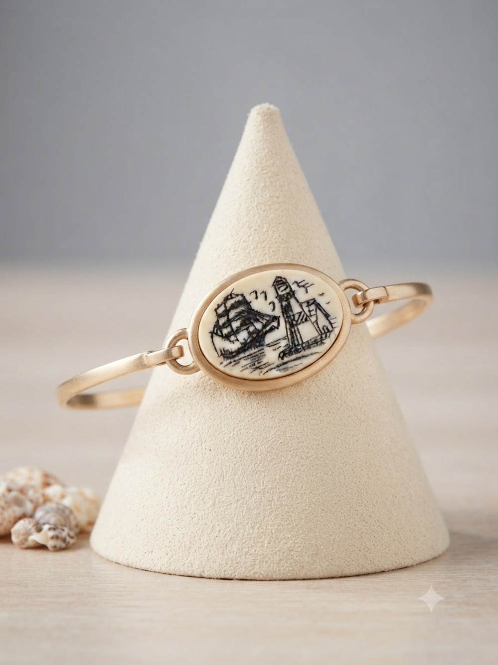 Vintage Gold-Tone Scrimshaw Style Lighthouse & Tall Ship Bangle Bracelet